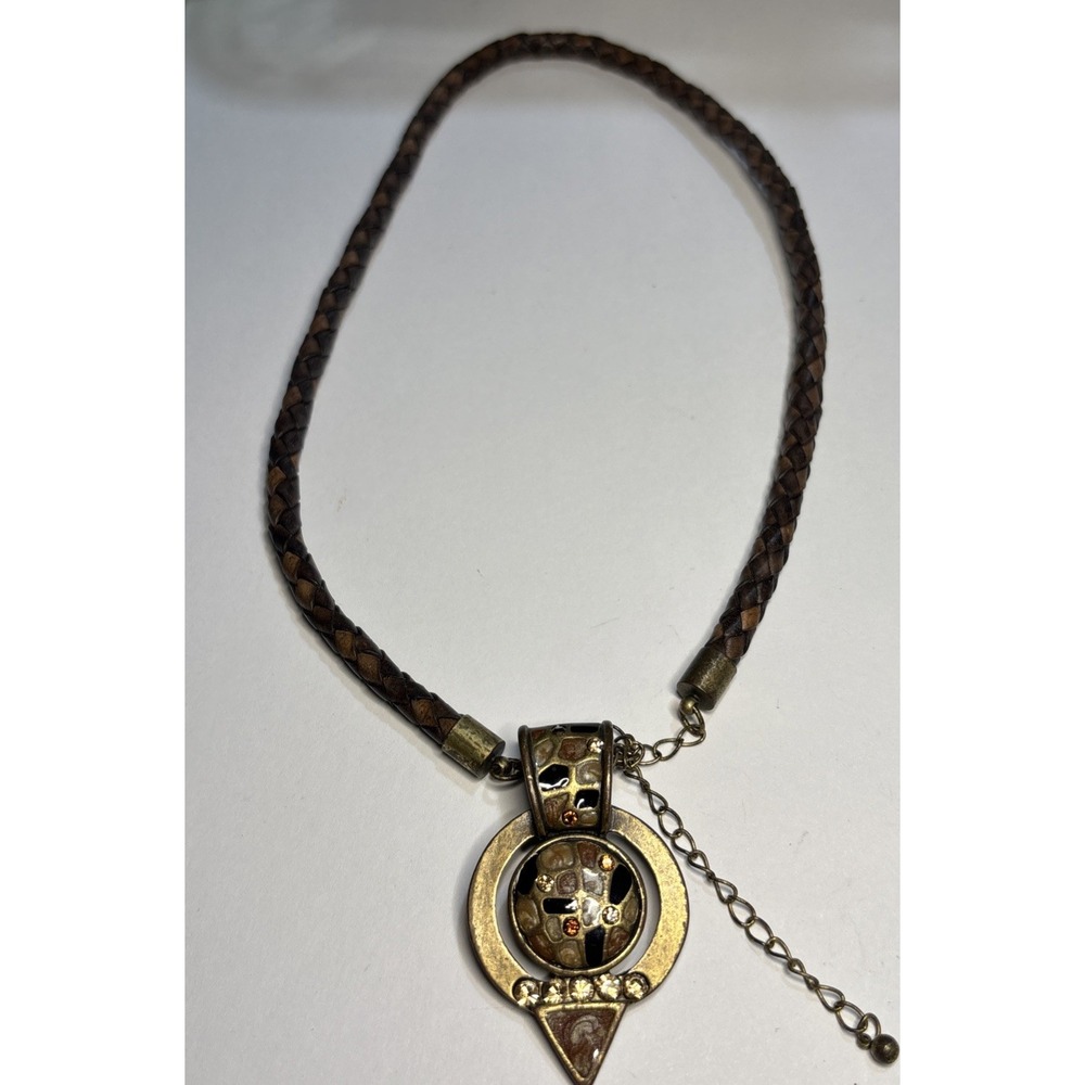 Chico's Statement Pendant Necklace Brown Braided Cord Enamel Rhinestones